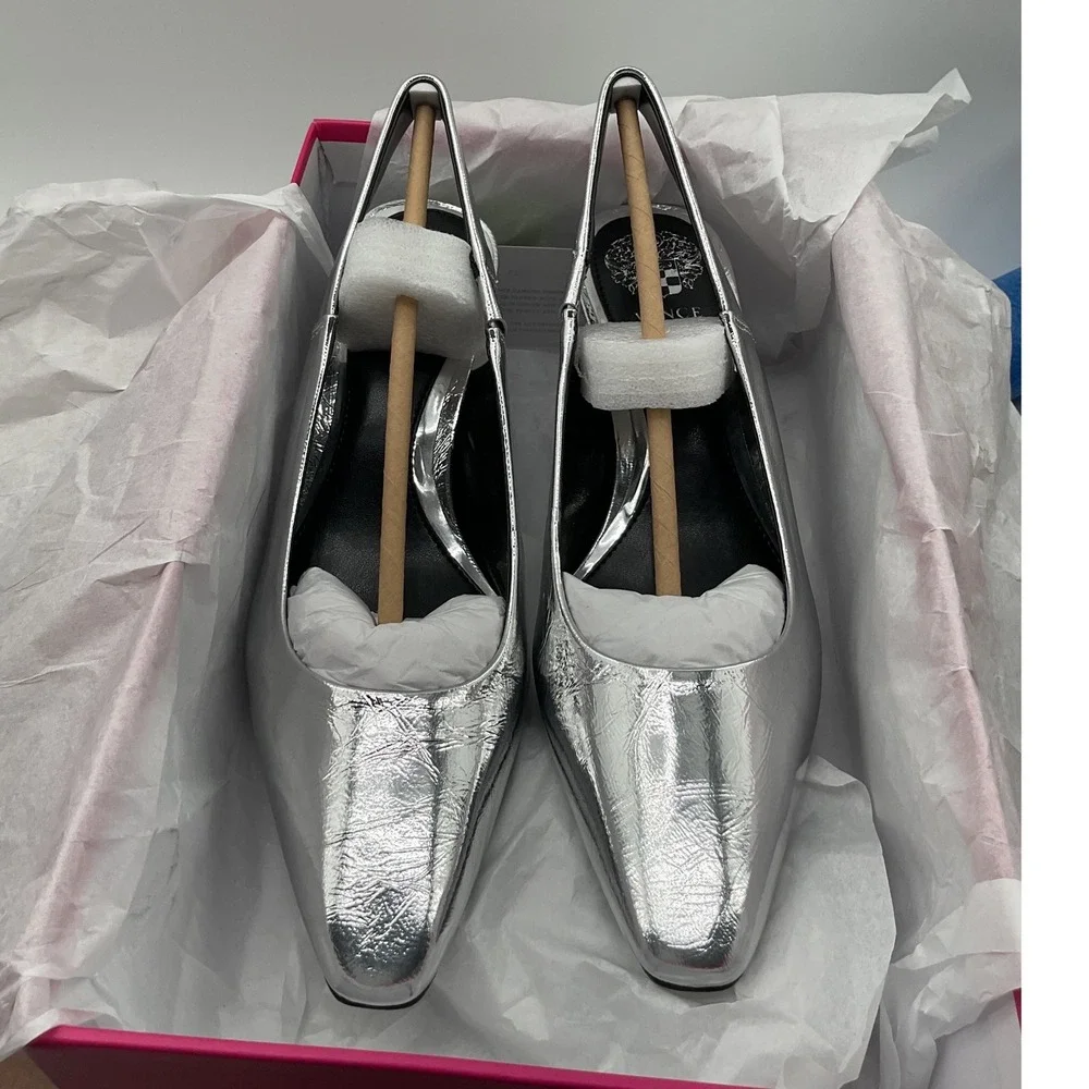 Vince Camuto Silver Metallic Slingback Pumps Square Toe Flared Heel New